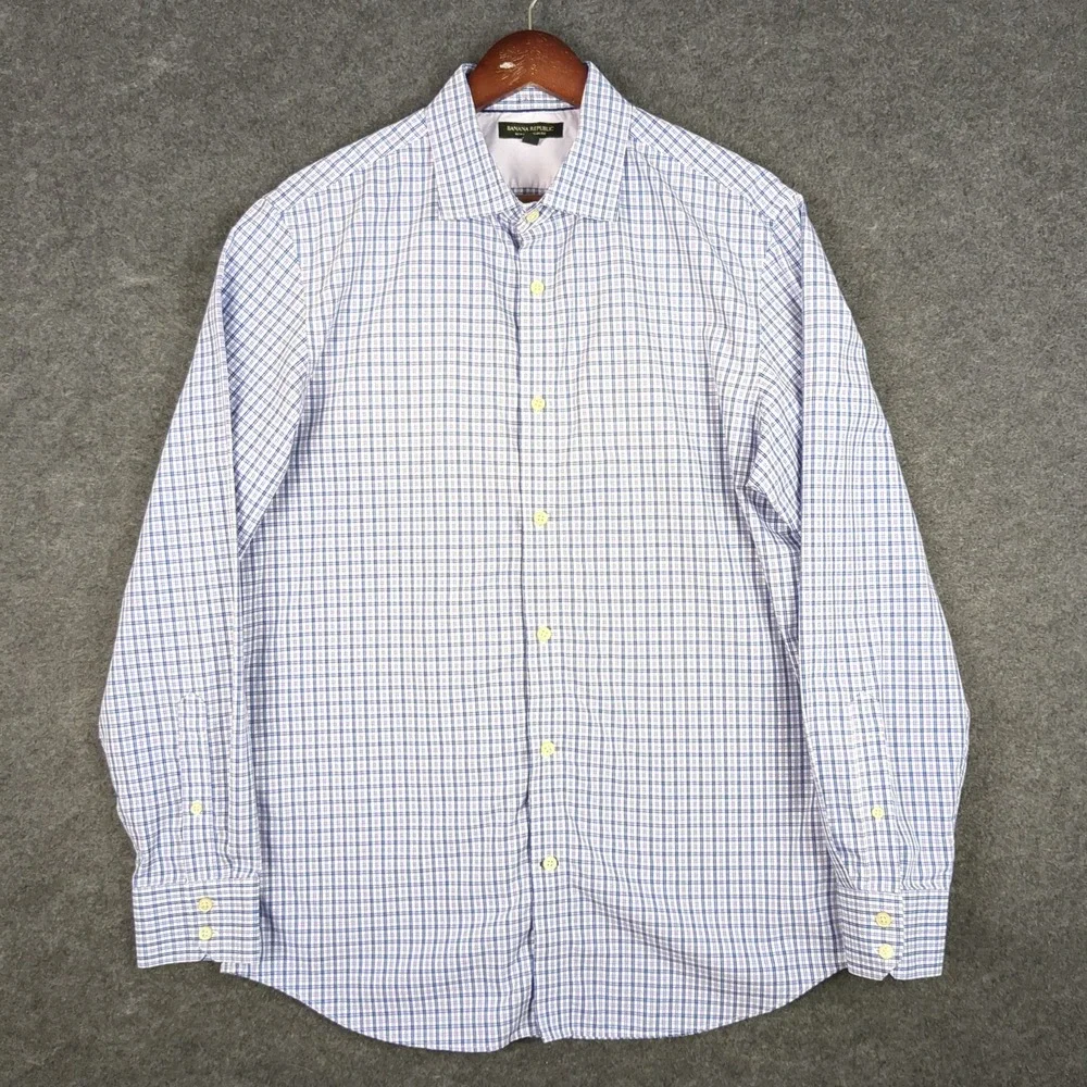 Banana Republic Mens Large Non-Iron Slim Fit Plaid Button Down Shirt Blue Purple